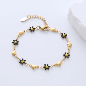 18k gold plated stainless steel bracelet with enamel flowers and golden heart charms