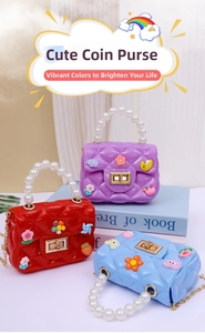 Detail of candy-colored silicone mini bags with pearl handles and cartoon patches