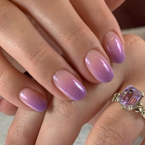 Purple Gradient Press On Nails Short Round Ombre Glitter Shimmer Fake Nail Tips Women Minimalist French Style
