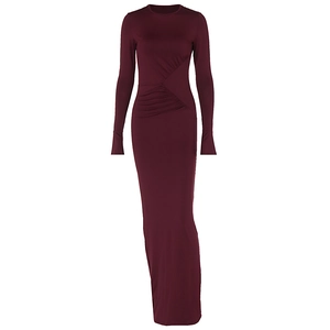 Slim fit burgundy long sleeve maxi dress with elegant waist pleat design for women