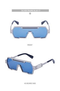 Close-up of futuristic silver sunglasses with blue rectangular lenses and hollow temples