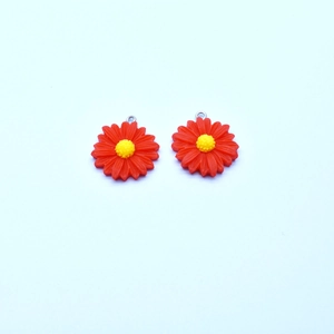 Pair of colorful red resin sunflower pendants with yellow center and metal rings