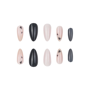 Almond-shaped press-on nails with pink, grey, and black floral designs on white background