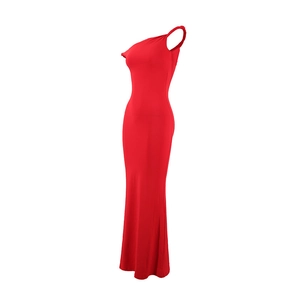 Side view detail of a slim fit red one-shoulder long evening dress on white background