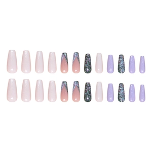 French gradient press-on nails with glitter accents in long ballet shape, 24 pieces set