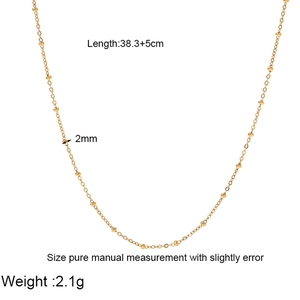 Golden 2mm bead chain necklace specifications showing length of 38.3 plus 5cm and 2.1g weight