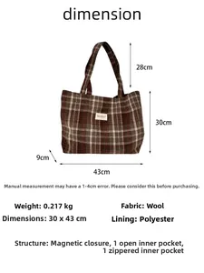 Detailed size chart and material specs for the plaid wool tote bag with magnetic closure