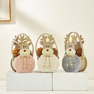 Three-piece Christmas reindeer felt gift baskets in pink, beige and gray with plush details
