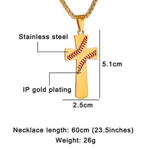 Detailed dimensions of IP gold plated stainless steel baseball stitch cross pendant necklace