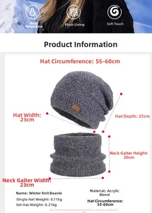 Ensemble bonnet et écharpe en tricot d'hiver avec doublure polaire et dimensions