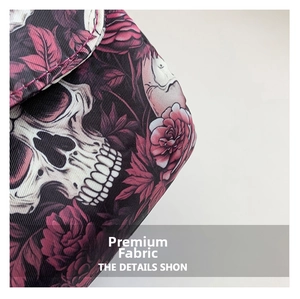 Macro shot of durable nylon tote bag with gothic skull and dark red rose print details