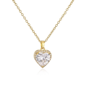 Elegant 18K gold plated copper necklace with zircon heart pendant on white background
