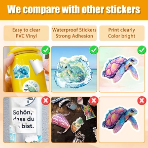 Detail comparison showing high quality waterproof PVC turtle stickers versus inferior quality
