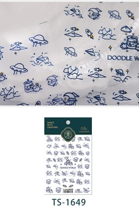 Détail des stickers ongles TS-1649 thème espace avec motifs gribouillis d'ovnis et fusées