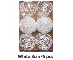 Detail of 8cm white Christmas ornaments with glitter stars and snowflake patterns