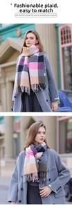 Close-up of a multi-color checkered scarf with fringe trim and soft knit texture