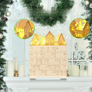 Close-up of LED lighting on a DIY wooden 24-day advent calendar with reindeer carvings