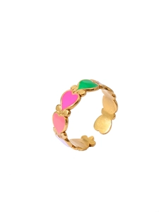 Detail view of 18k gold plated adjustable ring with pink and green enamel hearts