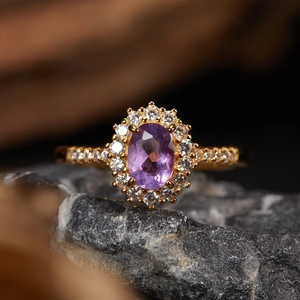 Elegant 18K gold plated S925 silver ring with oval purple amethyst and halo crystals