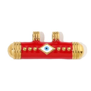 Detail of red enamel evil eye pendant with gold finish and double bail rings