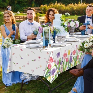 Spring floral tulip and lavender PE disposable tablecloth for party outdoor garden setting