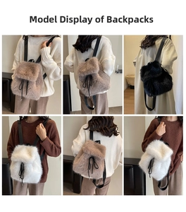 Collage of plush backpacks in brown, black, and white showing various styling and size details