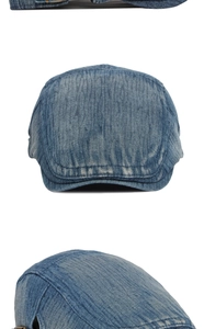 Dettagli del berretto in denim blu lavato con fibbia in metallo e cuciture rifinite