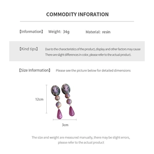 Detailed size specifications for purple vintage resin teardrop earrings with silver needles