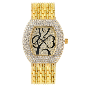 Luxury Women Quartz Watch Tonneau Shape Rhinestone Encrusted Metal Strap Artistic Arabic Numerals Sparkling Wristwatch
