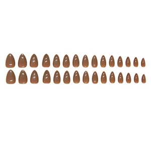 Short almond press-on nails in nude brown glossy finish, 24-piece full cover set