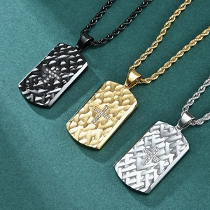 Titanium steel dog tag necklace with cross and bark texture in black, gold, and silver