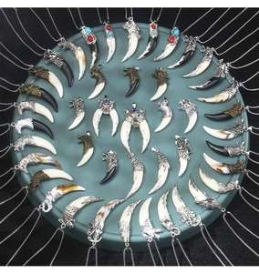 Detail showing various wolf tooth and animal fang pendants with stainless steel chains