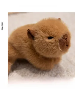 Close-up of soft plush capybara magnet with fluffy brown texture and stitching details