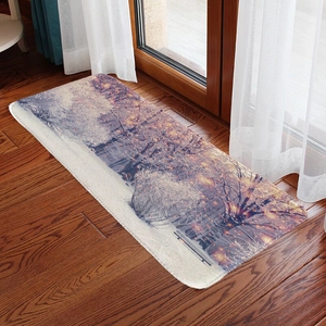 Detailed texture of winter snow landscape flannel mat on warm wooden floor