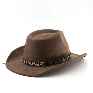 Detail view of brown faux suede western cowboy hat with leopard print belt trim