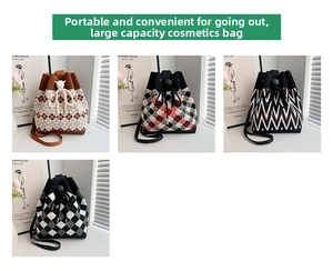 Collage of four knitted drawstring bucket bags in various geometric patterns and colors