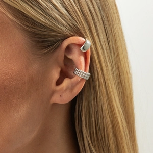 Silver wrinkled pearl flower and starfish ear clips for women in a stylish marine style