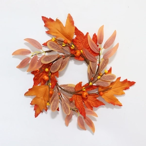 Artificial Maple Leaf Berry Candle Ring Wreath With Mini Pumpkin Satin Cloth Foam Thanksgiving Halloween Autumn Home Decor