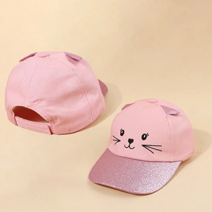 Pink cartoon cat ears baseball cap for kids featuring glitter brim and cute embroidery