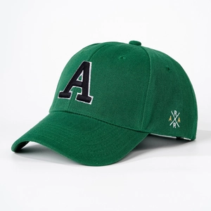 Close-up of forest green cotton twill baseball cap with 3D letter A embroidery and side logo