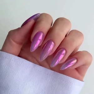 Ongles À Presser Oeil De Chat Violet Longue Forme Amande Magnétique Holographique Scintillant Dégradé Plastique ABS Faux Ongles