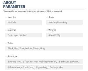 Detailed parameter table showing leather phone bag specifications and internal structure