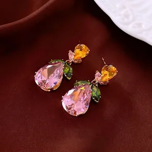 Luxury zircon leaf necklace and pink teardrop crystal earring set for women's fashion