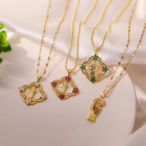 Vintage 18K Gold Plated Copper Religious Saint Mary Priest Pendant Necklace For Women Geometric Zirconia Clavicle Chain Jewelry