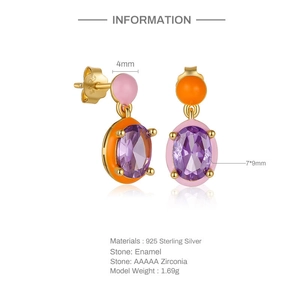 Detail view of S925 silver enamel earrings with size measurements and material specs