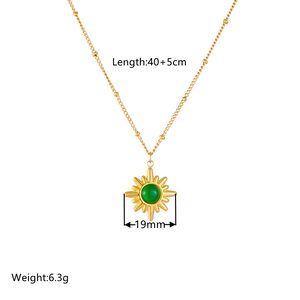 Golden stainless steel necklace with sun pendant and green malachite gemstone inlay