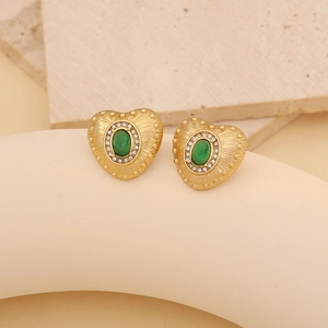 French vintage heart earrings with green zircon center and gold titanium steel finish