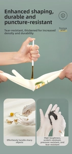 Close-up of durable puncture-resistant latex cleaning gloves with cartoon print