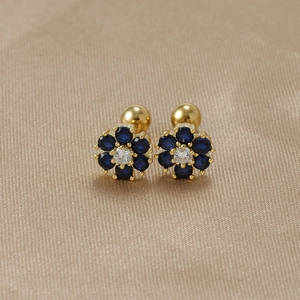 Blue zircon flower earrings in S925 silver with gold finish and ball-back closure