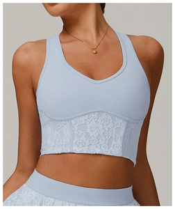 Close-up of floral lace patchwork detail on light blue V-neck sports bra back